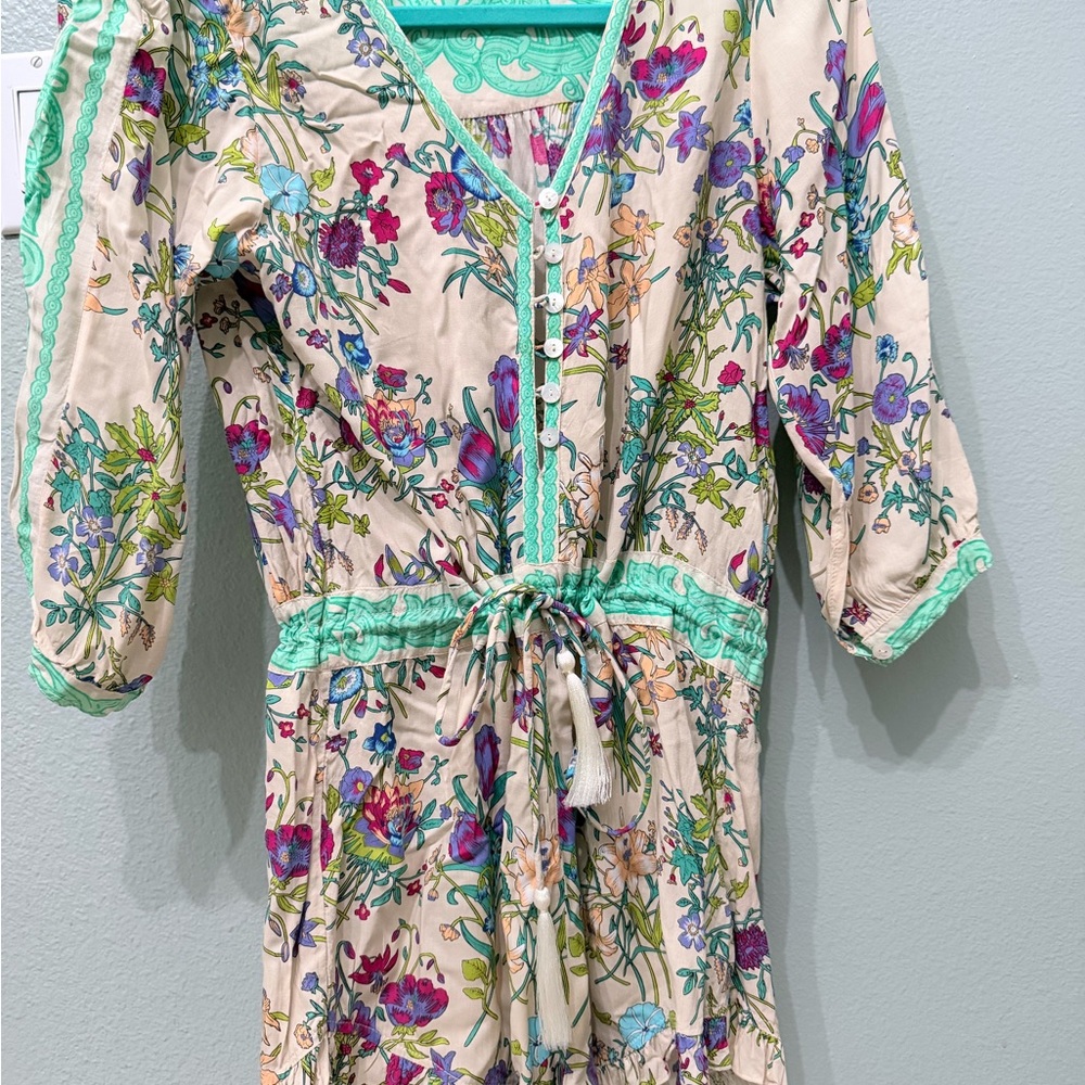 Spell Floral Button-Front Dress with Mint Trim